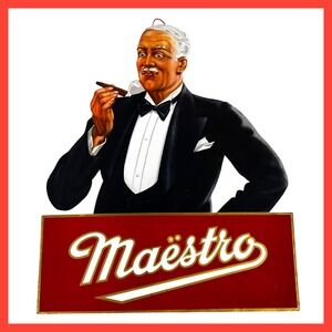 1940s Maestro Cigar‎ Vintage Advertising Sign 17" Cardboard Easel Back Fan Pull